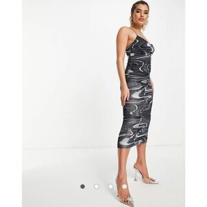 Asos Design cami strappy midi dress ruched details Black & Gray Marble Size 0